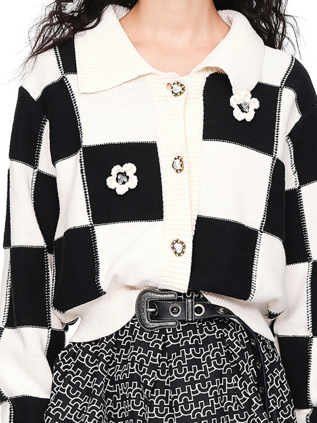 Flower Motif Checkered Knit Cardigan