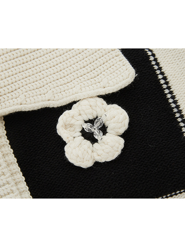Flower Motif Checkered Knit Cardigan