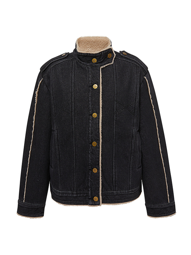 Black-Denim & Boa Combination Jacket