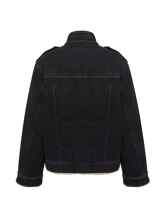Black-Denim & Boa Combination Jacket