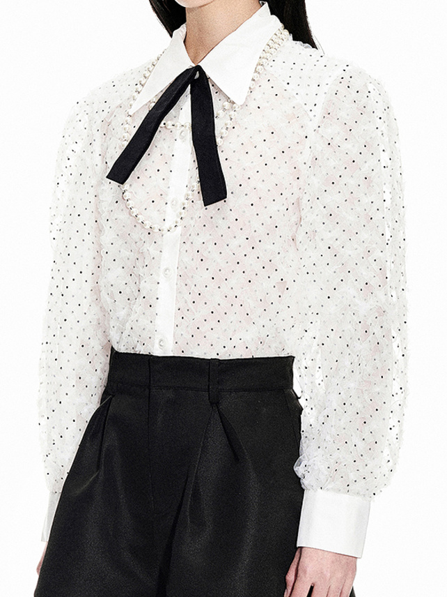 Dot Tulle Bow-Tie Blouse