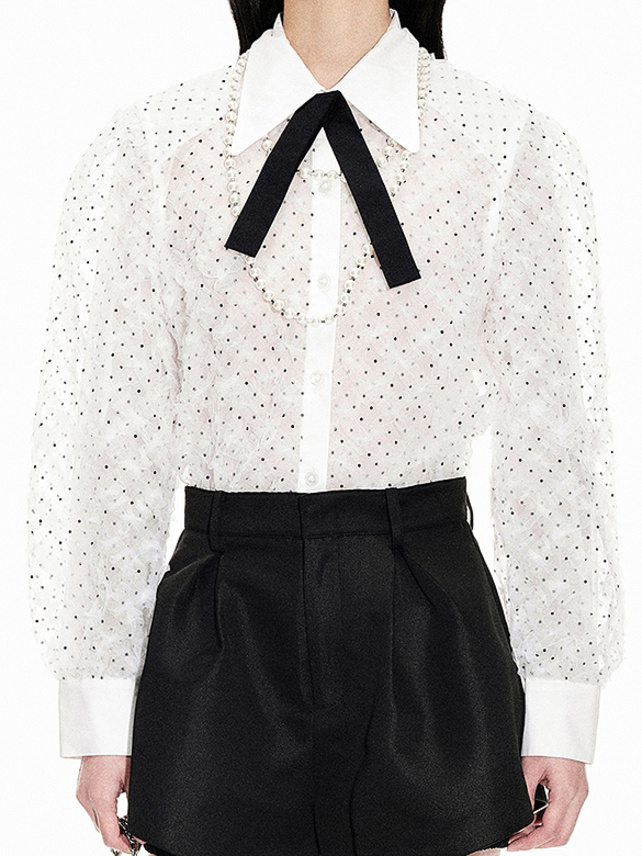 Dot Tulle Bow-Tie Blouse
