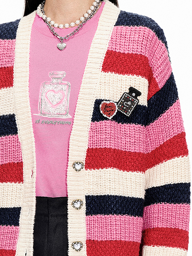 Pink Stripe Brooch Knit Cardigan