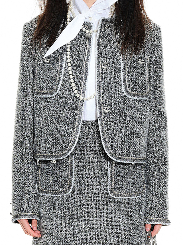 Piping Silver Glitter Tweed Jacket - DAZZLE FASHION(ダズル 