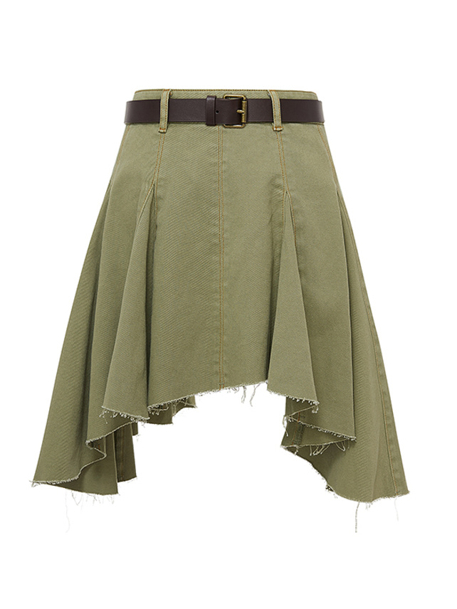 Khaki Denim Belted Skirt