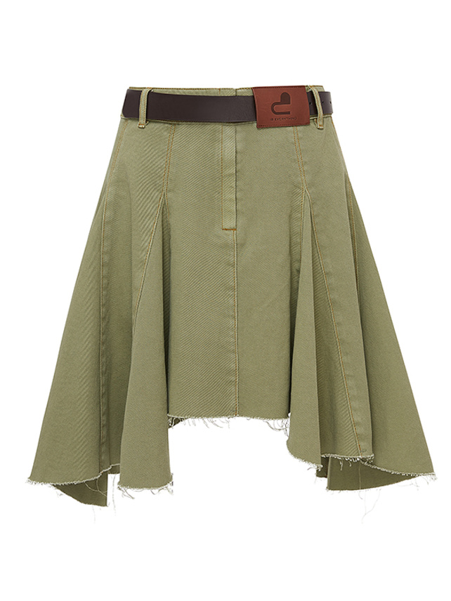 Khaki Denim Belted Skirt