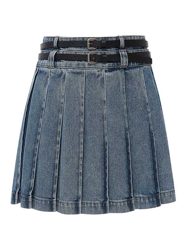 Double Belted Tuck Denim Skirt
