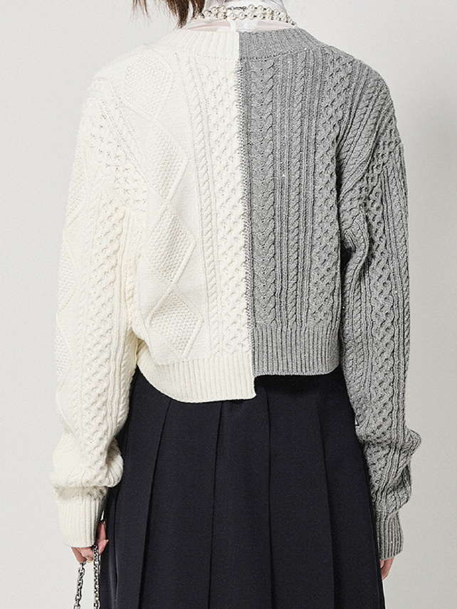 Gray & White Sequins Asymmetry Knit