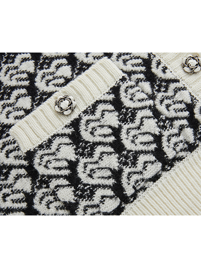 Heart Design Pattern Rib Collar Knit Cardigan - DAZZLE FASHION 