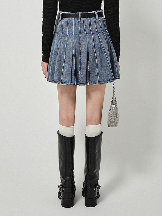 Heart Charm Belted Denim Pleats Skirt - DAZZLE FASHION(ダズル