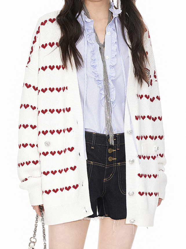 Stripe Heart Design Knit Cardigan - DAZZLE FASHION(ダズル 