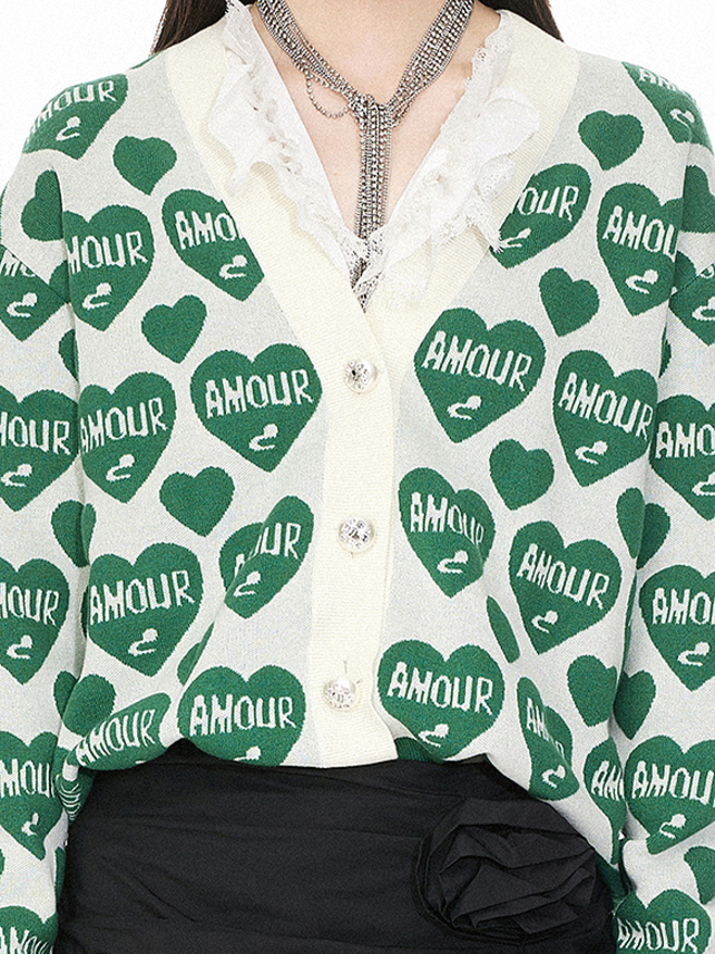 Green Heart Pattern Knit Cardigan
