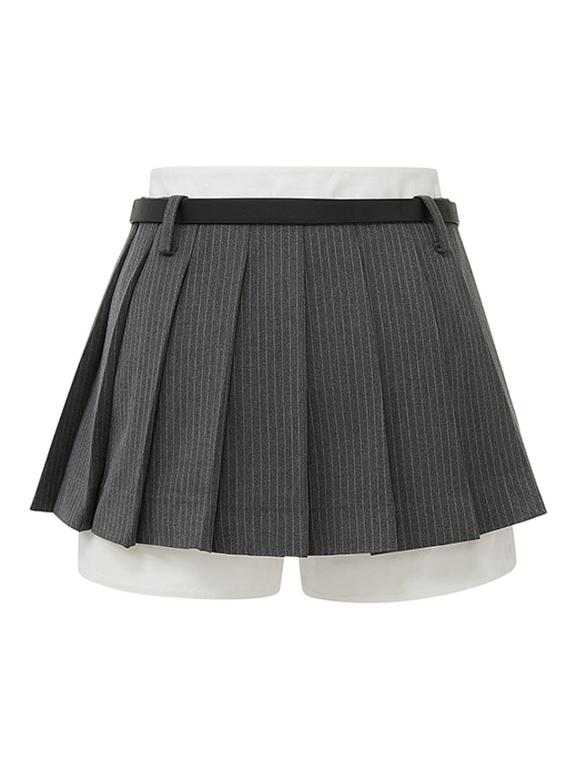 Different Material Design Pin-Stripe Pleats Skirt