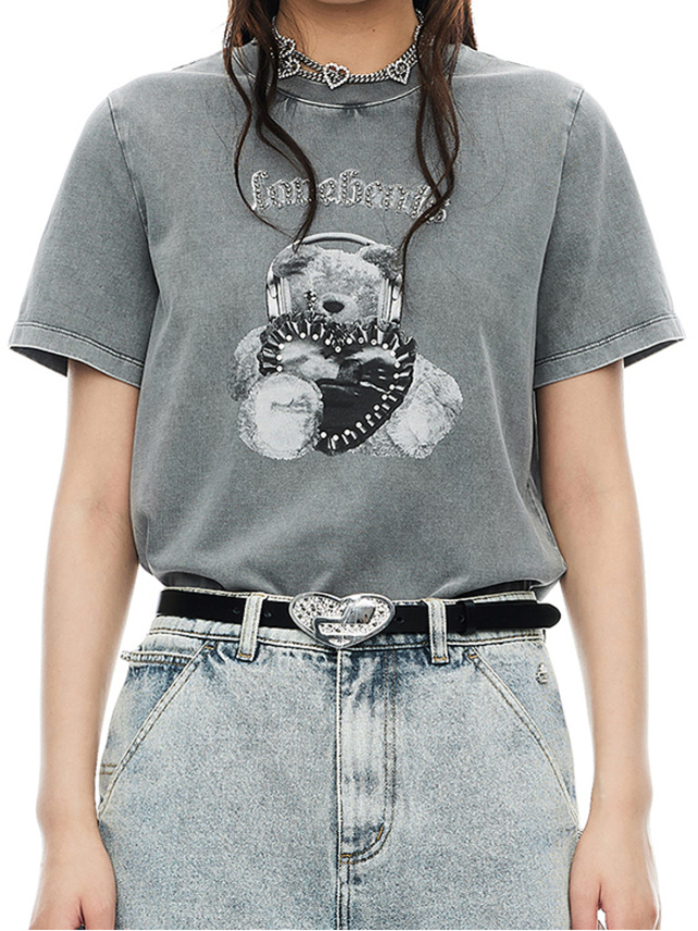 Teddy Bear Printed & Beads Washed T-Shirt