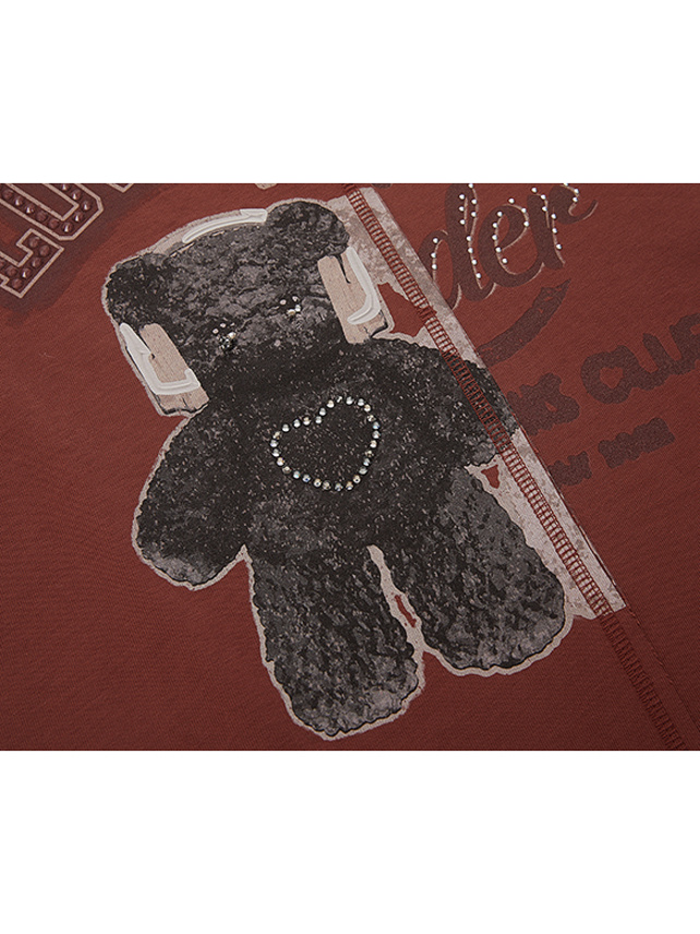 Asymmetry Teddy Bear Printed & Beads T-Shirt