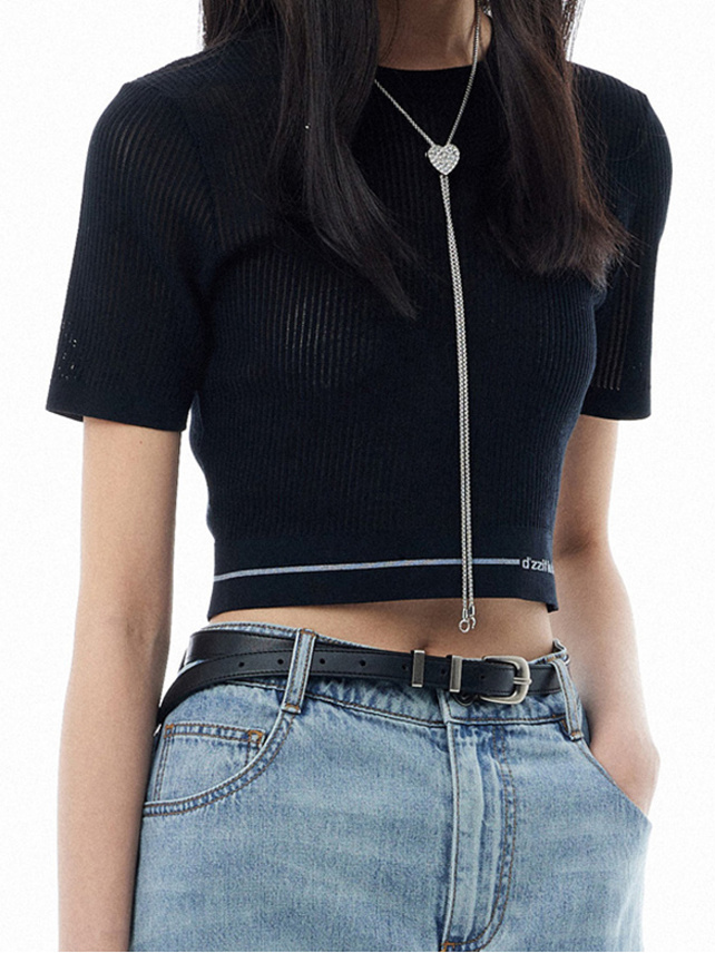 Waist Logo-Line Mesh Knit Top