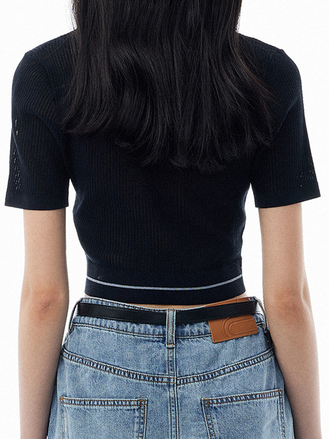 Waist Logo-Line Mesh Knit Top