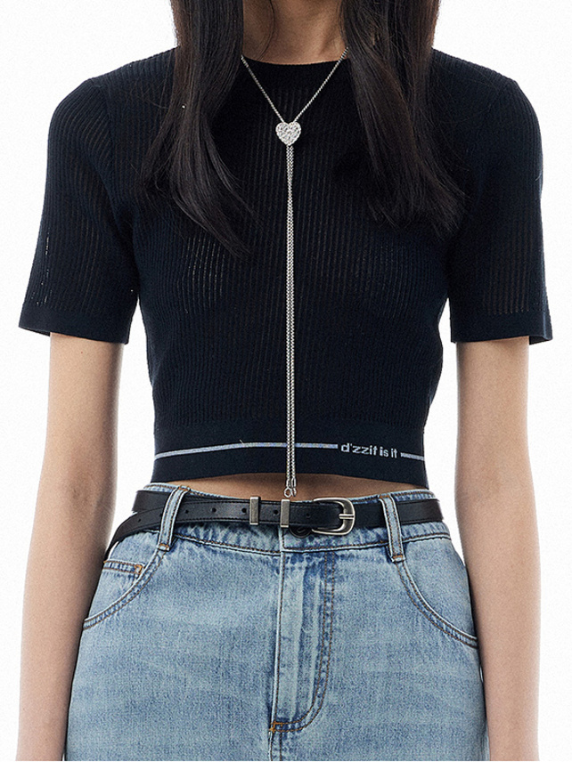 Waist Logo-Line Mesh Knit Top