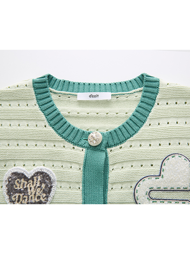 Bi-Color Piping Balloon Dog Patch Knit Cardigan