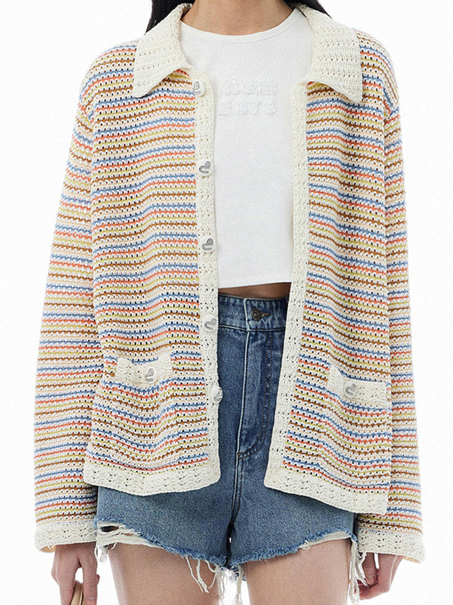 Multi Color Stripe Polo Knit Cardigan