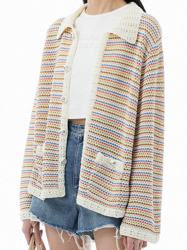 Multi Color Stripe Polo Knit Cardigan