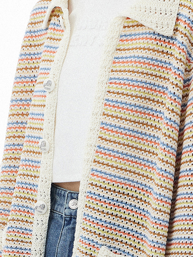 Multi Color Stripe Polo Knit Cardigan