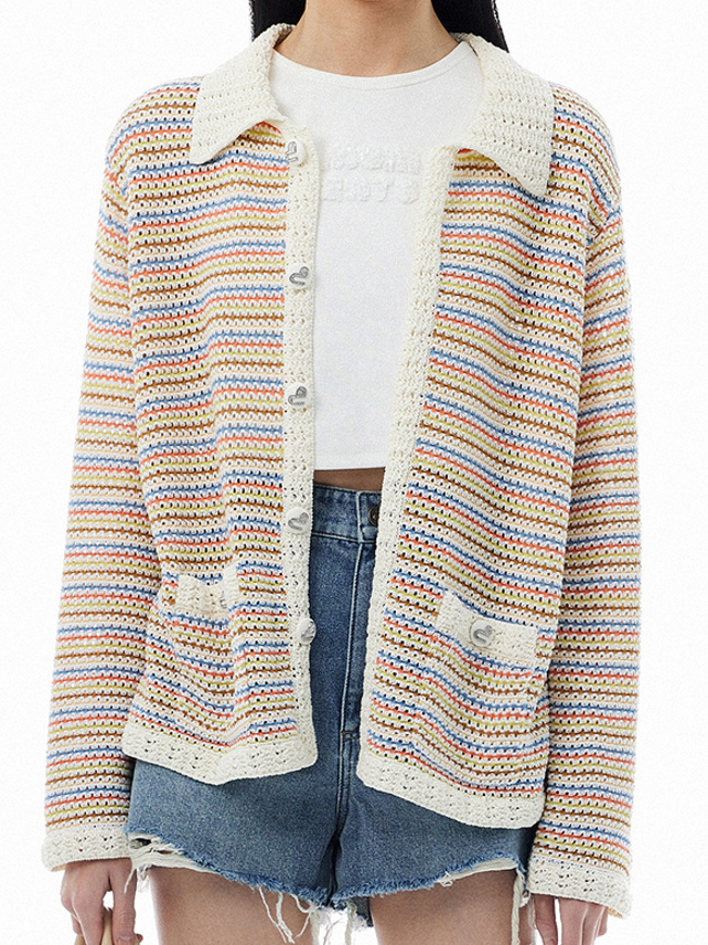 Multi Color Stripe Polo Knit Cardigan