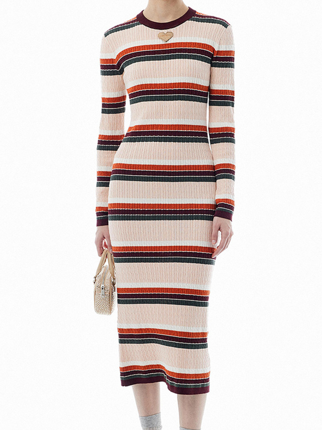 Retro Color Stripe Long Knit Dress