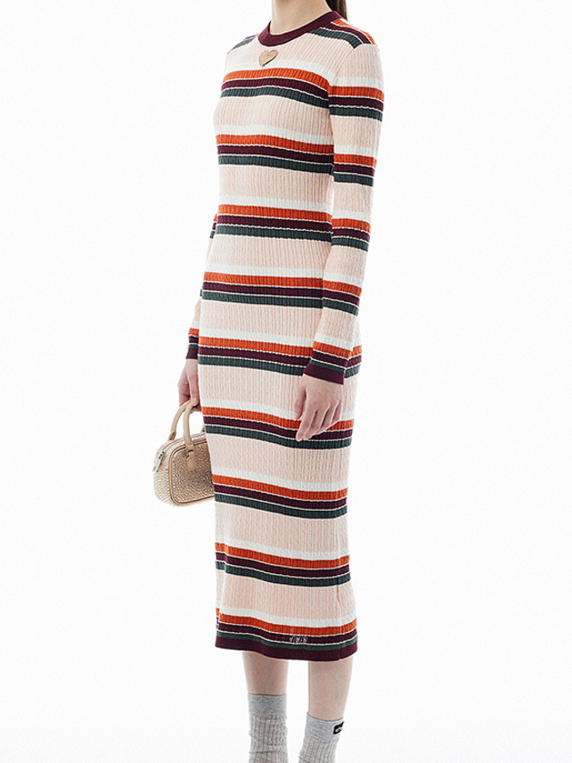 Retro Color Stripe Long Knit Dress