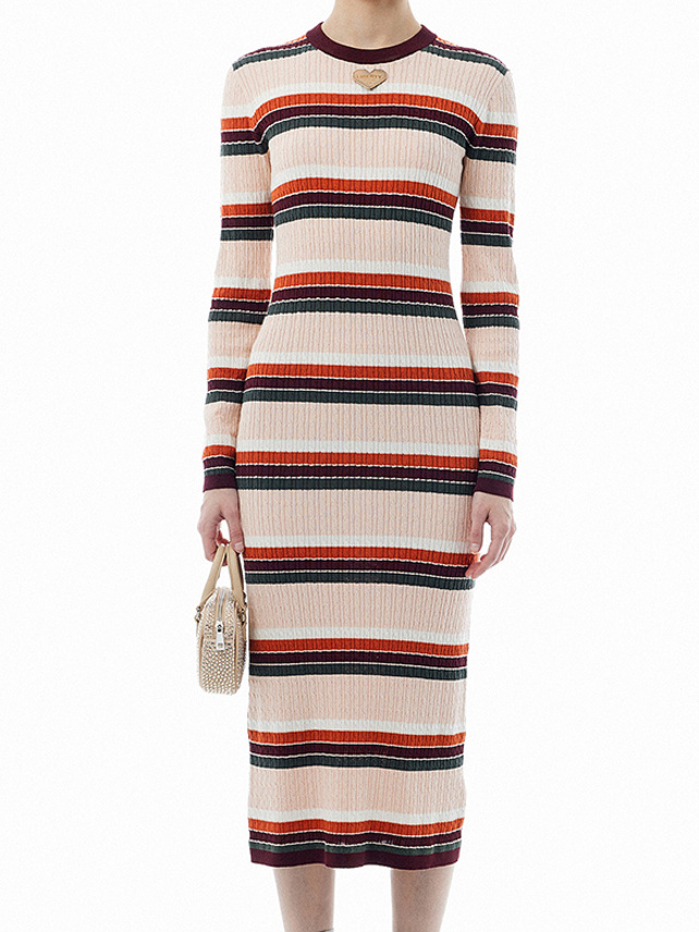 Retro Color Stripe Long Knit Dress