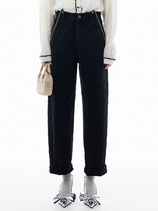 Scratch Pattern Chain Suspenders Denim Pants