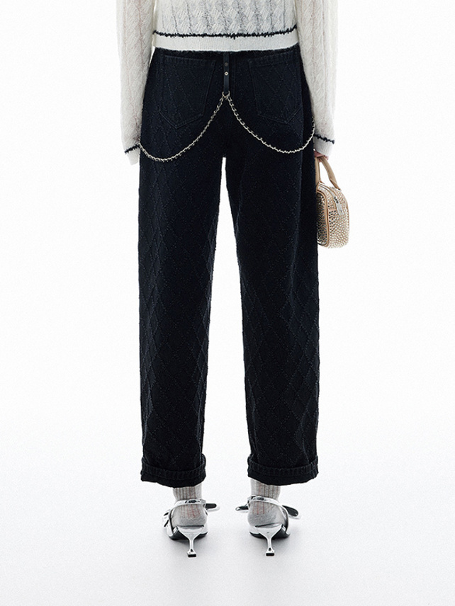 Scratch Pattern Chain Suspenders Denim Pants