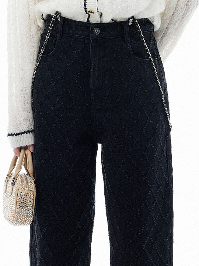 Scratch Pattern Chain Suspenders Denim Pants