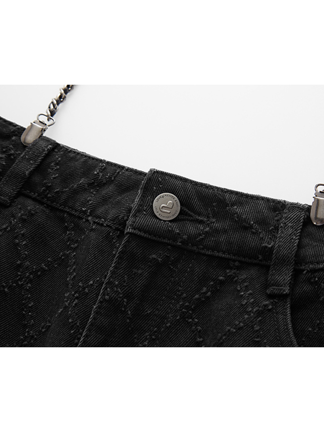 Scratch Pattern Chain Suspenders Denim Pants