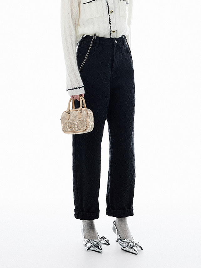 Scratch Pattern Chain Suspenders Denim Pants