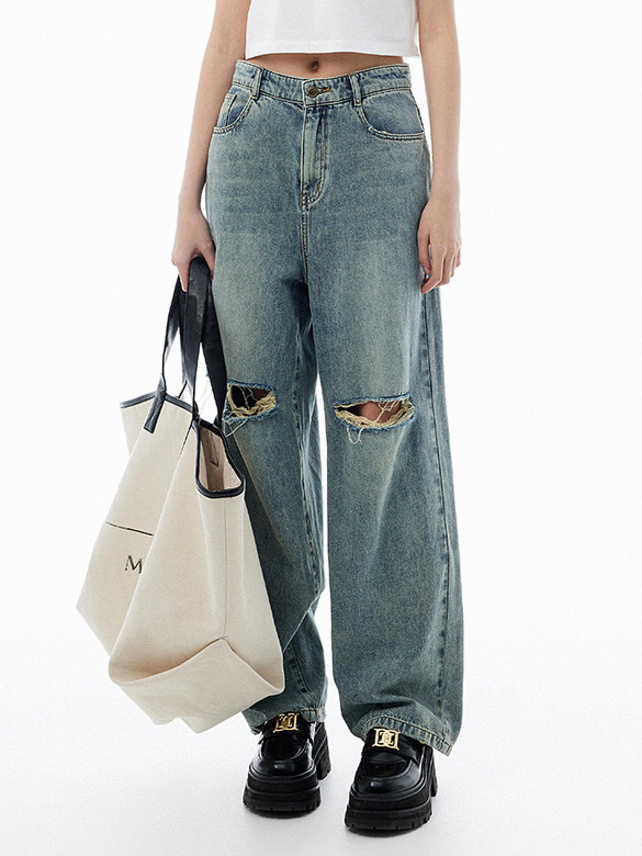 Knee Crush Damaged Denim Pants