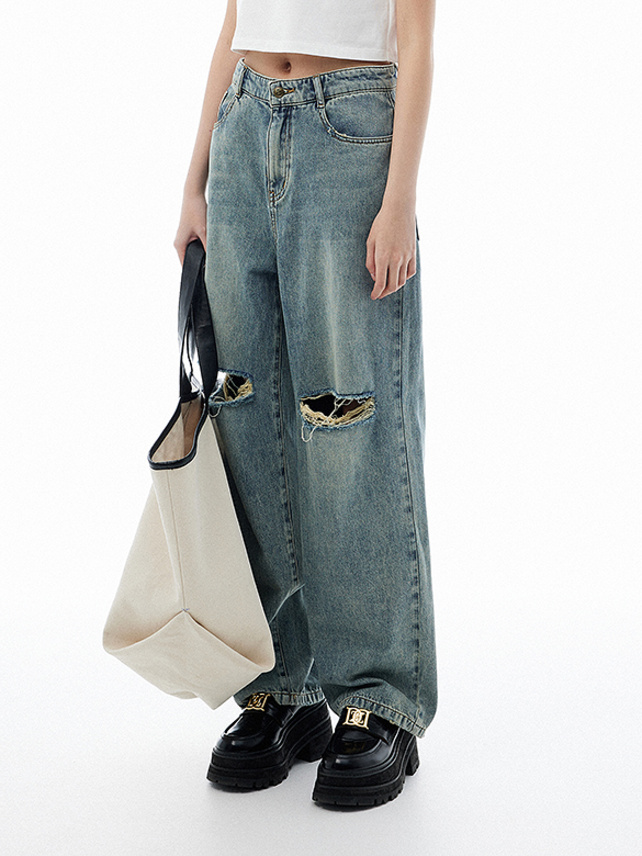 Knee Crush Damaged Denim Pants