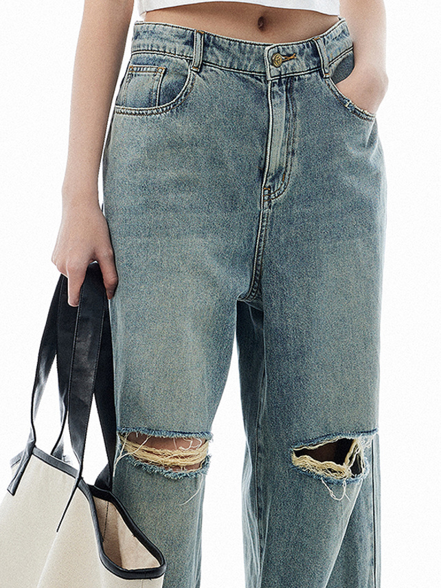 Knee Crush Damaged Denim Pants