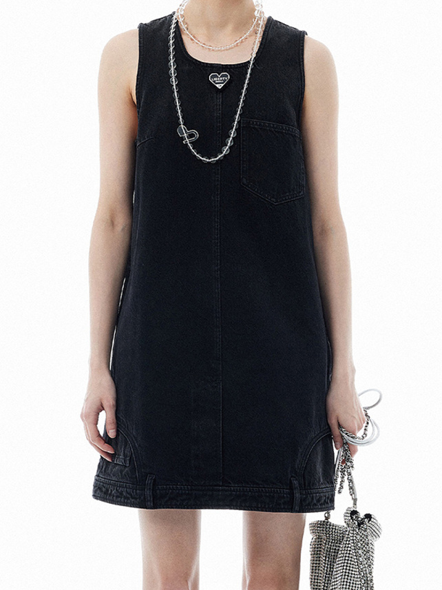 Heart Charm Sleeveless Denim Dress