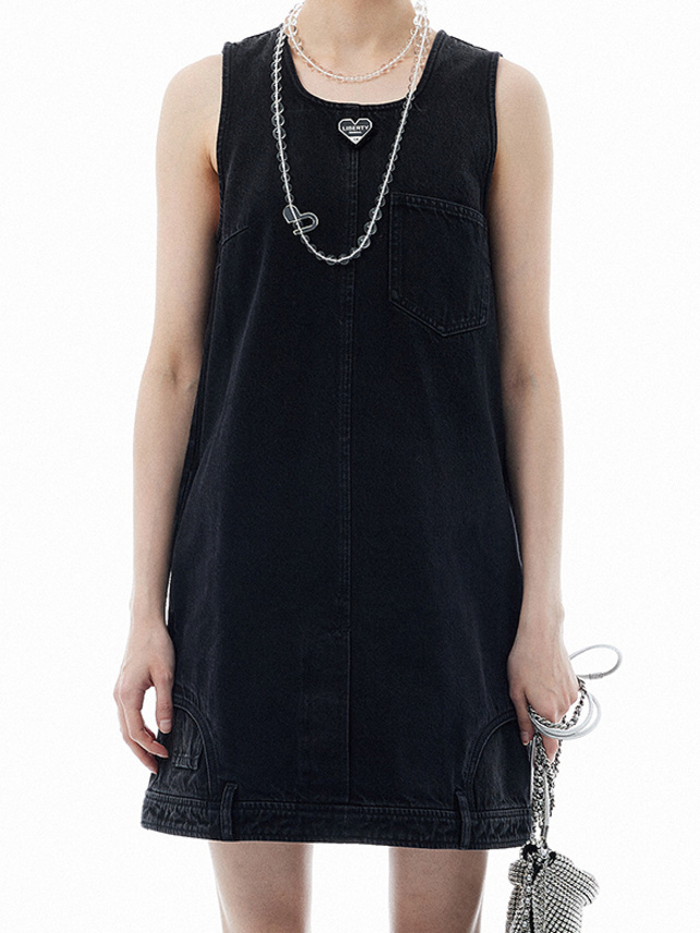 Heart Charm Sleeveless Denim Dress