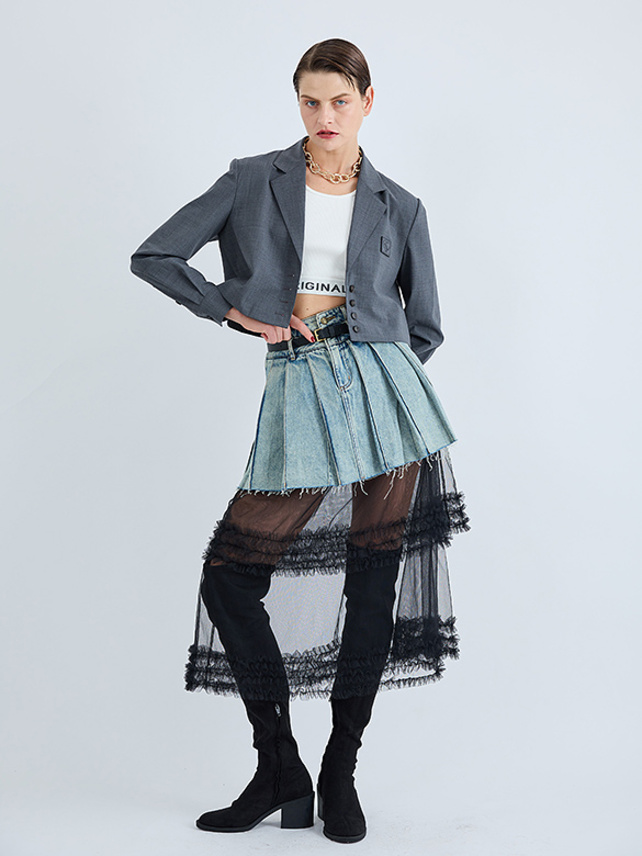 Double Waist Design Denim Skirt