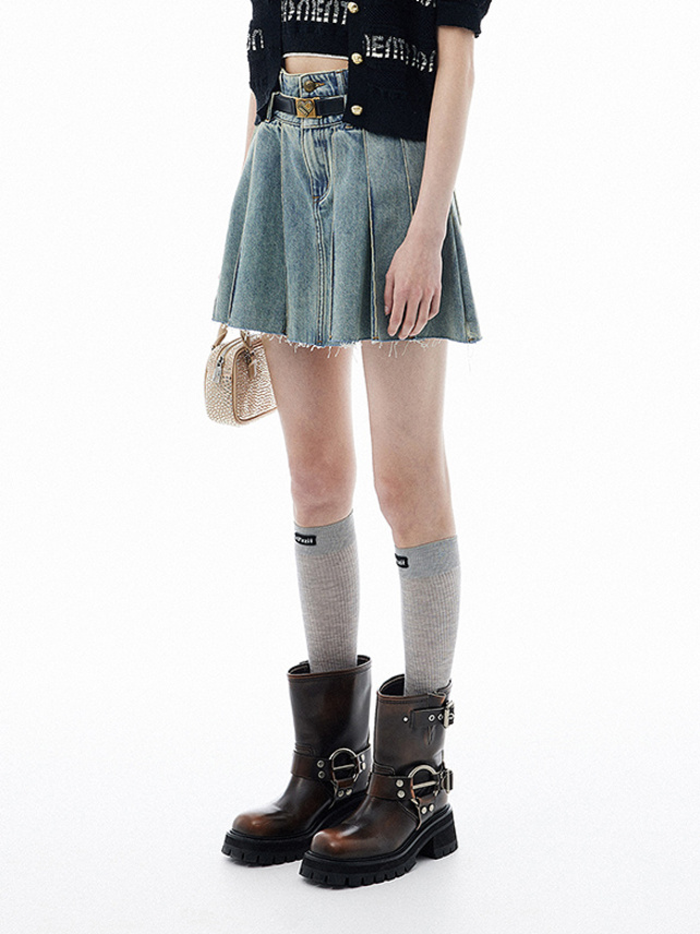 Double Waist Design Denim Skirt