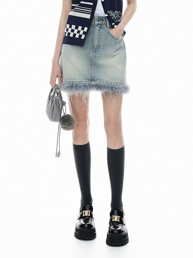 Feather Denim Skirt