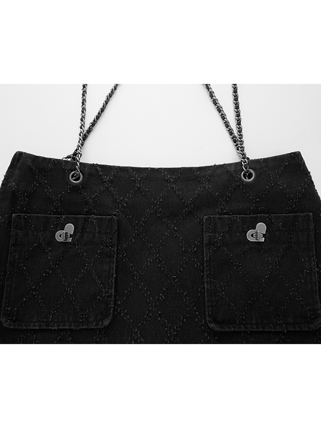 Scratch Pattern Chain Suspenders Denim Skirt