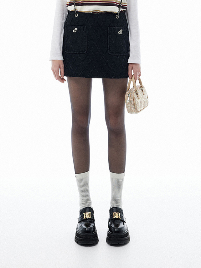 Scratch Pattern Chain Suspenders Denim Skirt