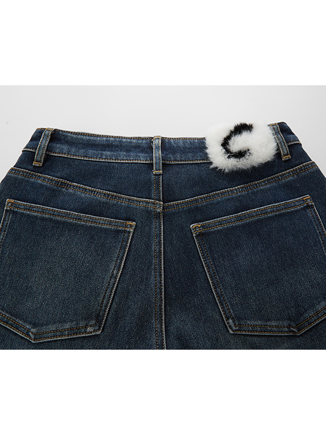 Fur Patch Denim Pants