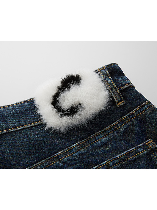 Fur Patch Denim Pants