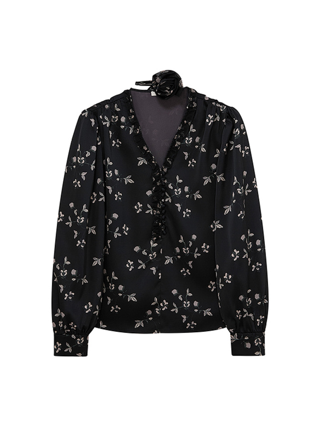 Corsage-tie Flower Printed Frill Blouse