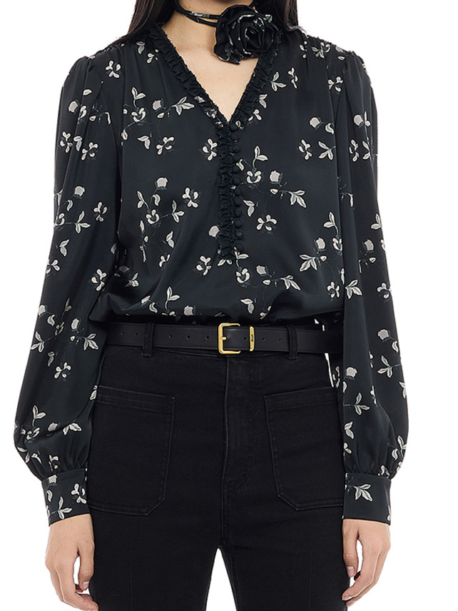 Corsage-tie Flower Printed Frill Blouse