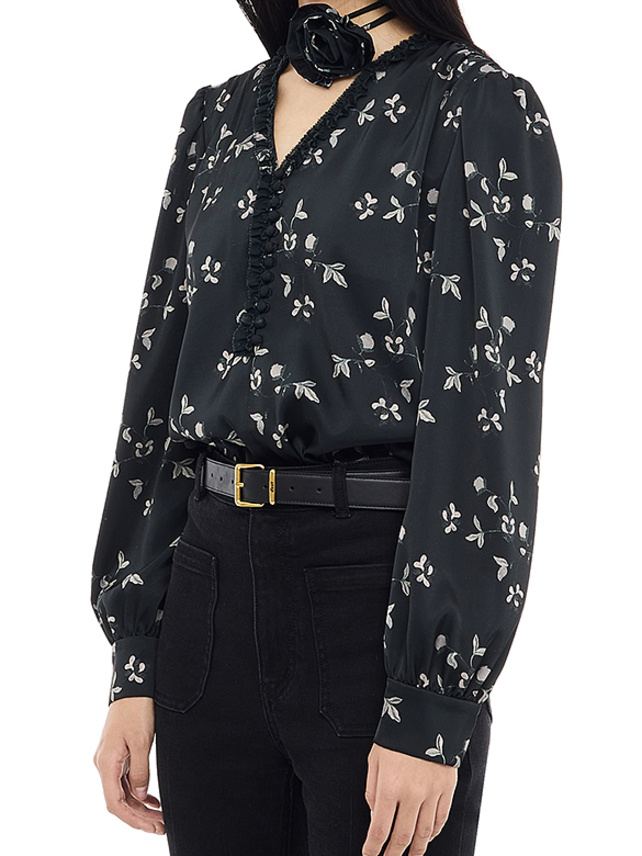 Corsage-tie Flower Printed Frill Blouse